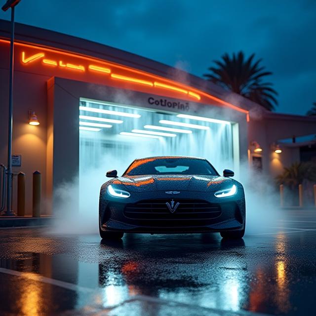 VectorWash vaskehal oplyst om aftenen med en skinnende bil i forgrunden