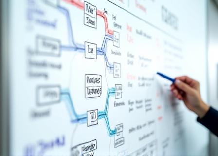 A whiteboard with strategic planning charts